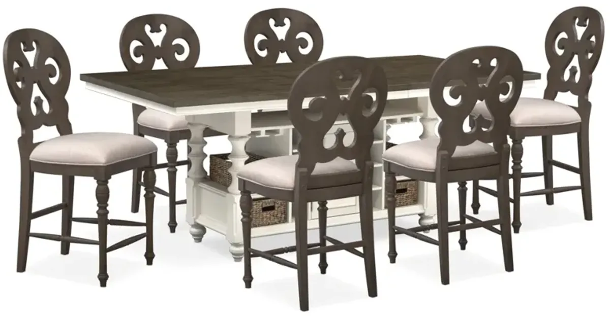 Charleston Kitchen Island and 6 Scroll-Back Stools - Gray