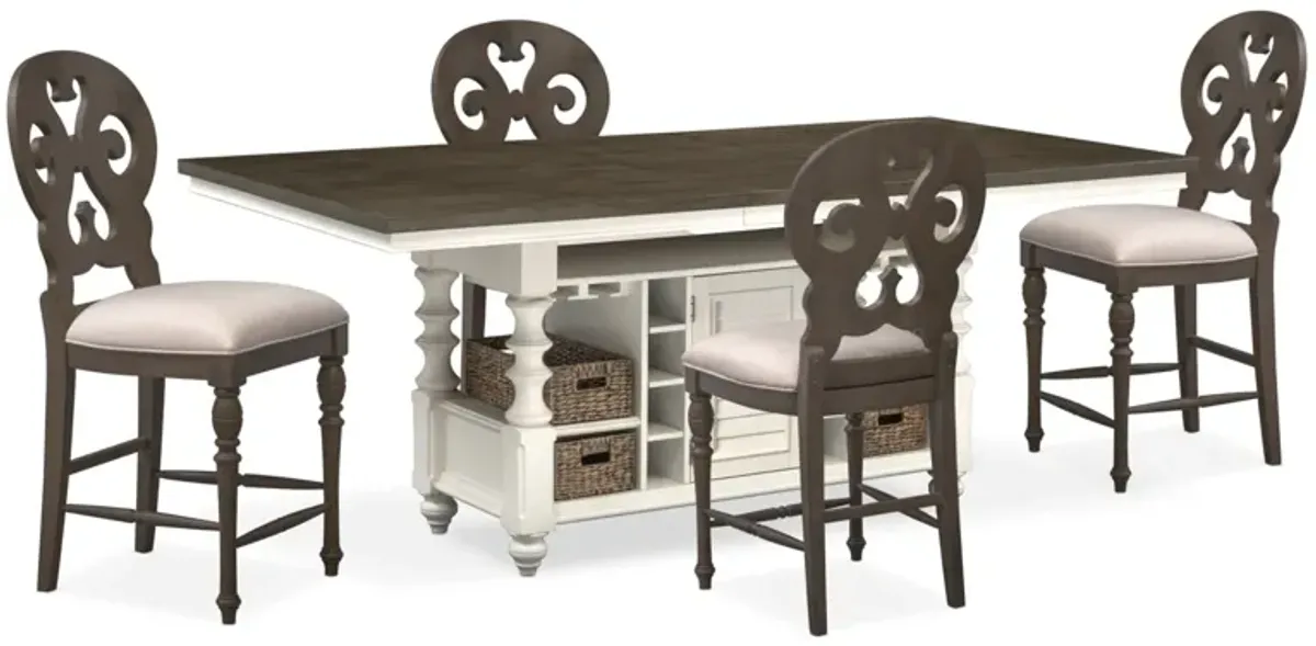 Charleston Kitchen Island and 4 Scroll-Back Stools - Gray