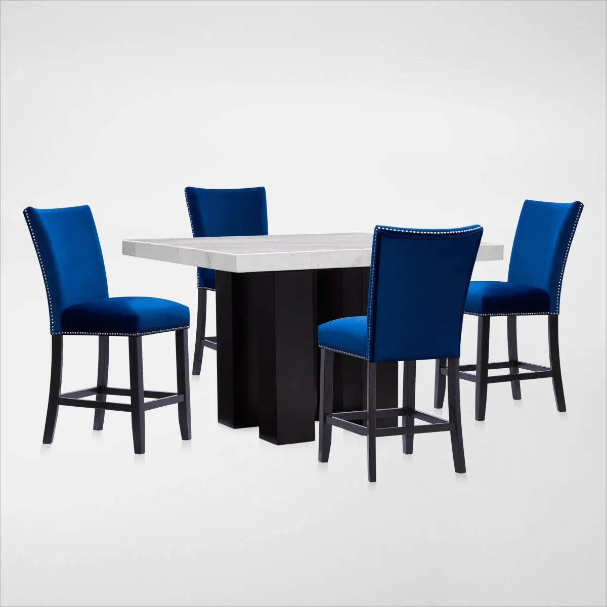 Artemis Counter-Height Marble Dining Table and 4 Upholstered Stools - White Marble/Blue