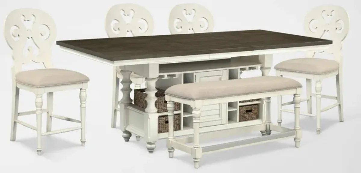 Charleston Kitchen Island, 4 Scroll-Back Stools and Bench - White