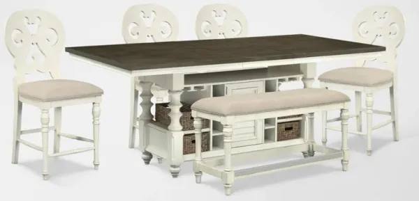 Charleston Kitchen Island, 4 Scroll-Back Stools and Bench - White