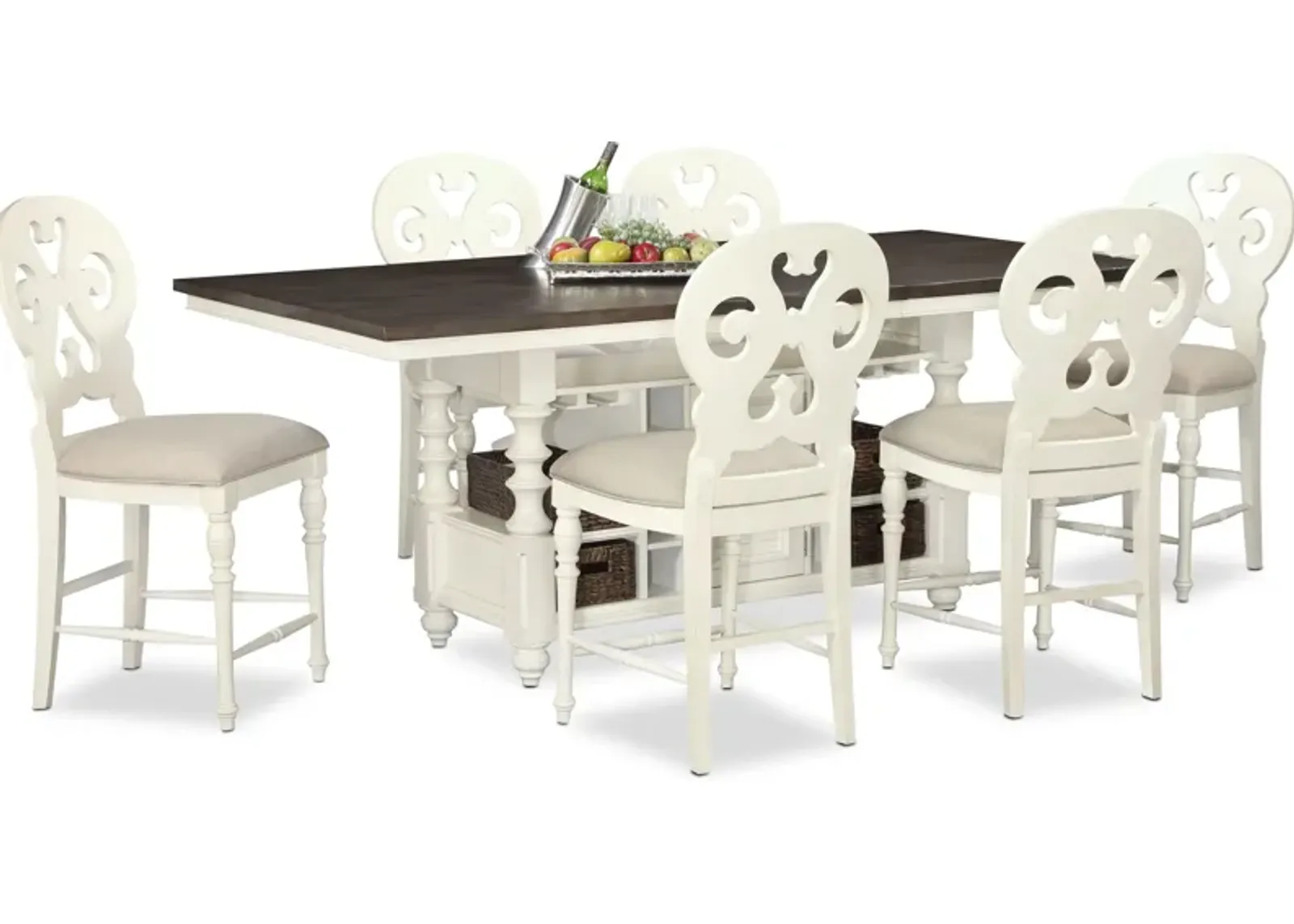 Charleston Kitchen Island and 6 Scroll-Back Stools - White