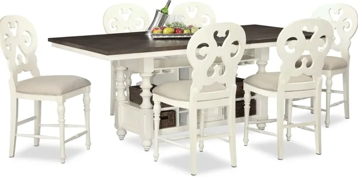 Charleston Kitchen Island and 6 Scroll-Back Stools - White