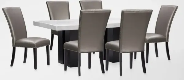 Artemis Marble Dining Table and 6 Upholstered Dining Chairs - White Marble/Gray