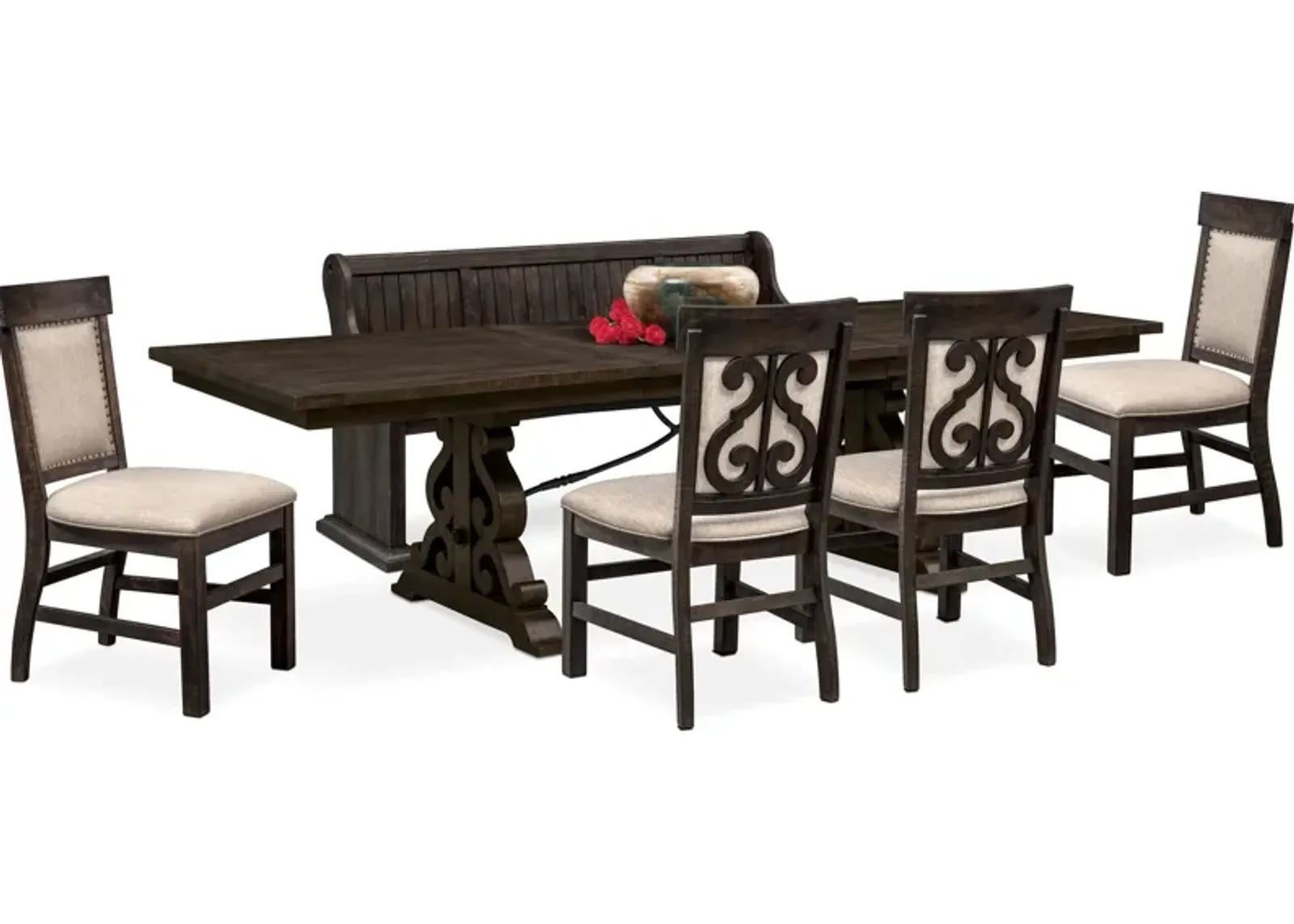 Charthouse Rectangular Extendable Dining Table, 4 Upholstered Dining Chairs and Bench - Charcoal