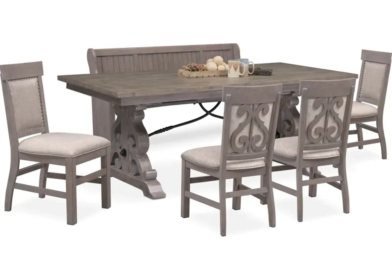 Charthouse Rectangular Extendable Dining Table, 4 Upholstered Dining Chairs and Bench - Gray