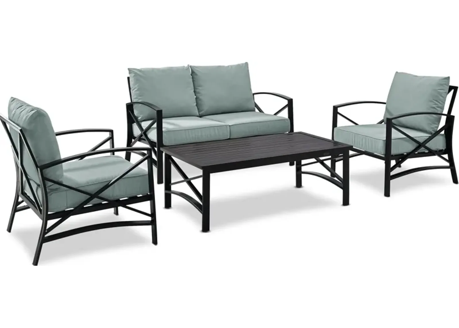 Clarion Outdoor Loveseat, 2 Chairs, and Coffee Table Set - Mist/Bronze