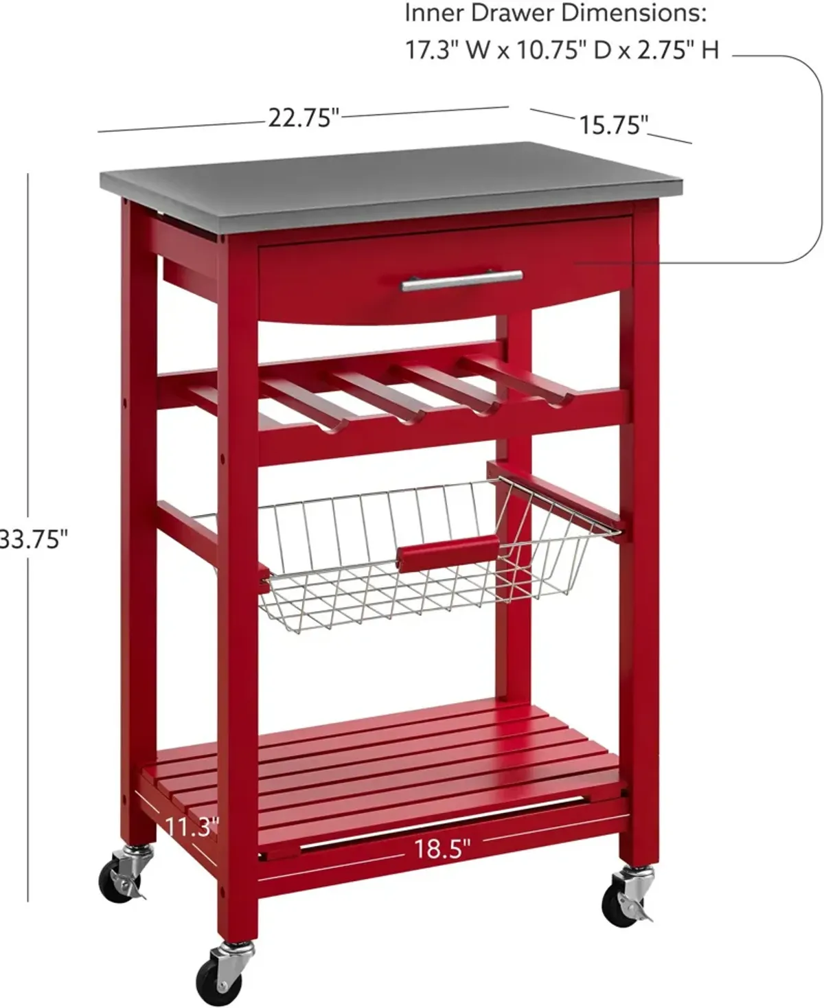 Avon Stainless Steel Kitchen Cart -Red