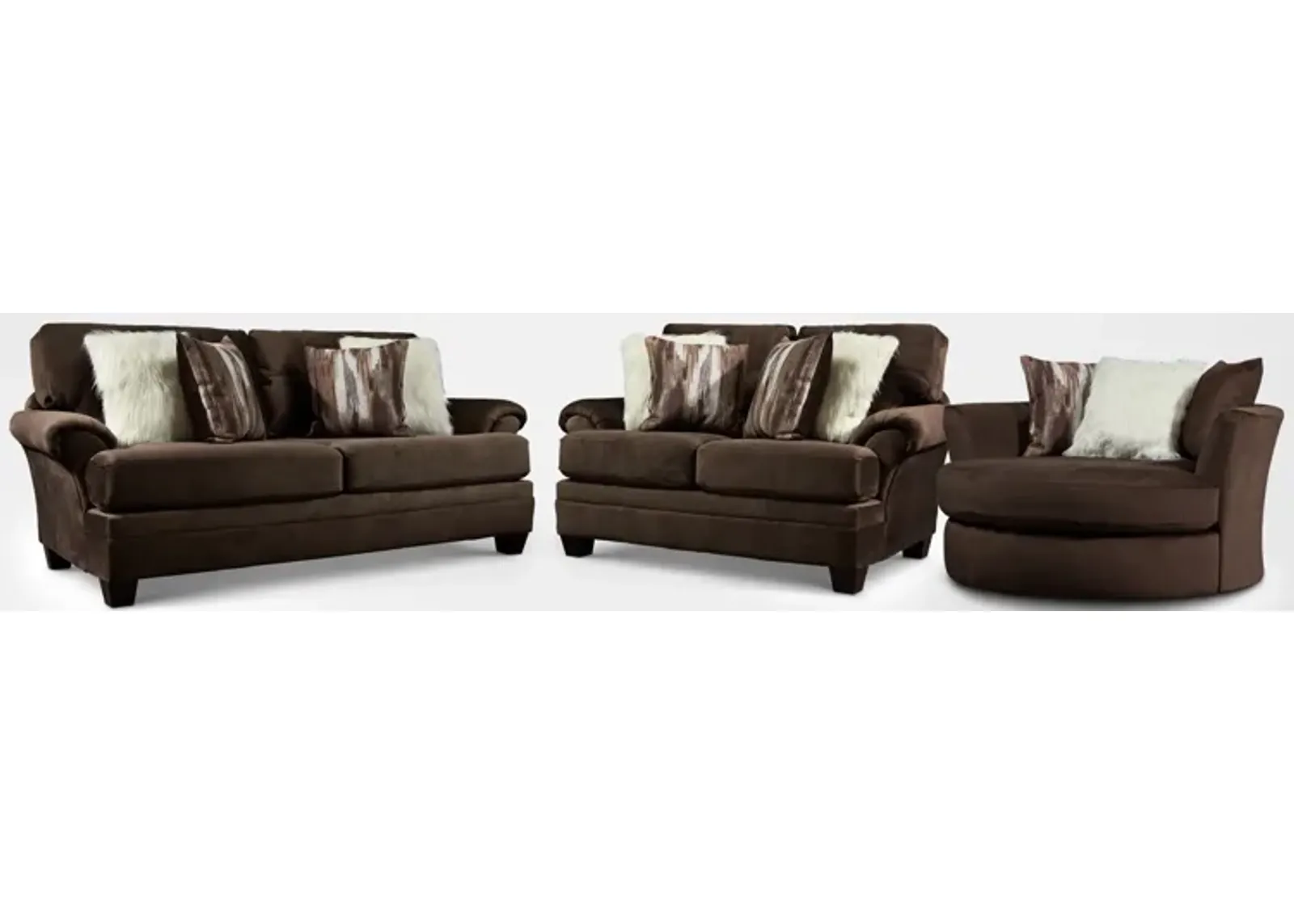 Cordelle Sofa, Loveseat and Swivel Chair - Chocolate