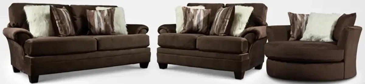 Cordelle Sofa, Loveseat and Swivel Chair - Chocolate