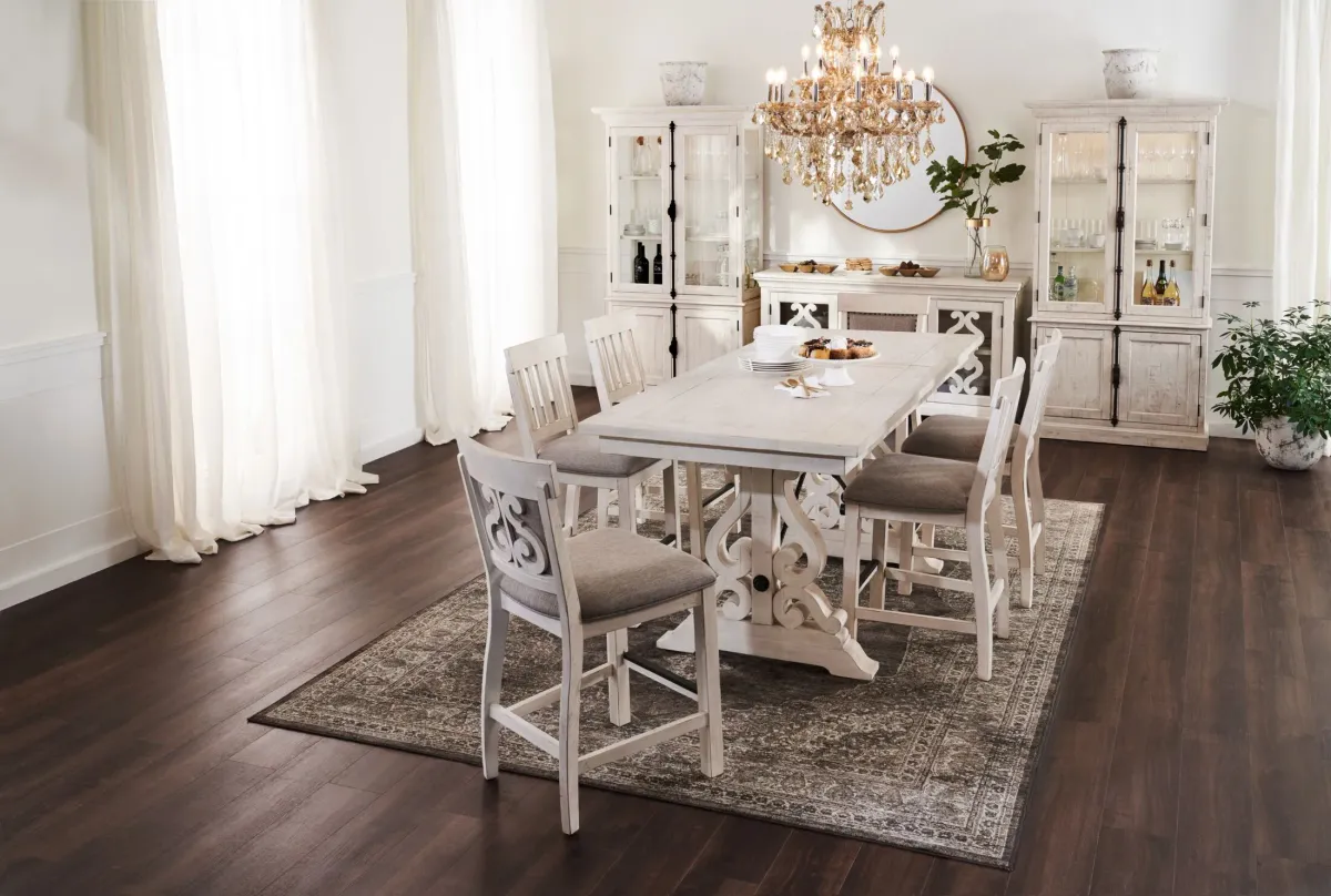 Charthouse Counter-Height Dining Table and 6 Upholstered Stools - Alabaster