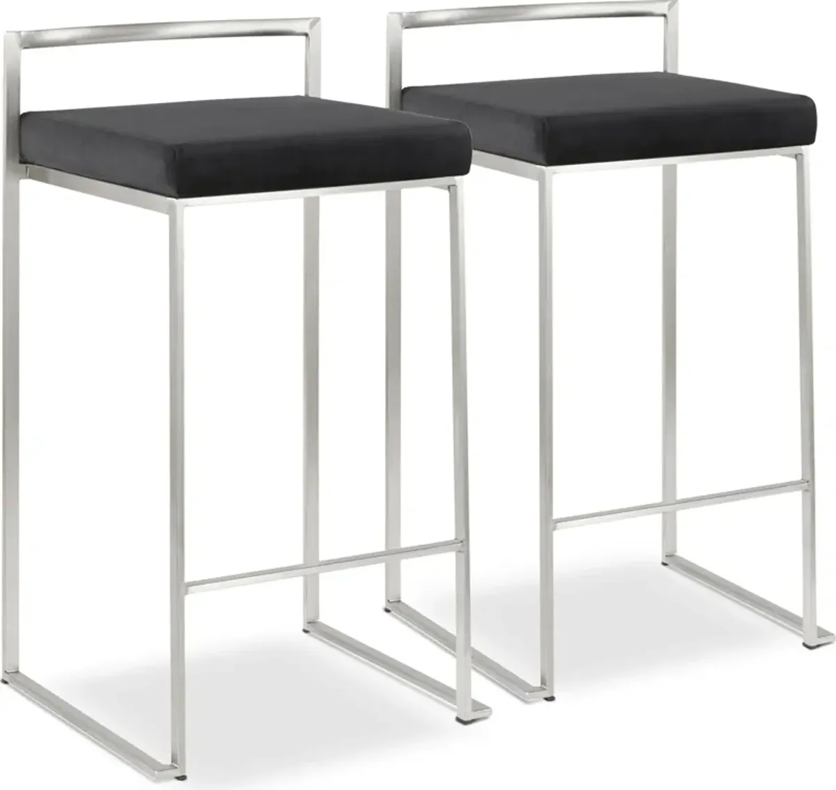 Reine Set of 2 Low Back Velvet Counter Stools - Steel/Black