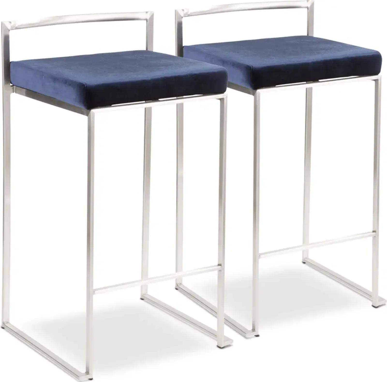 Reine Set of 2 Low Back Velvet Counter Stools - Steel/Blue