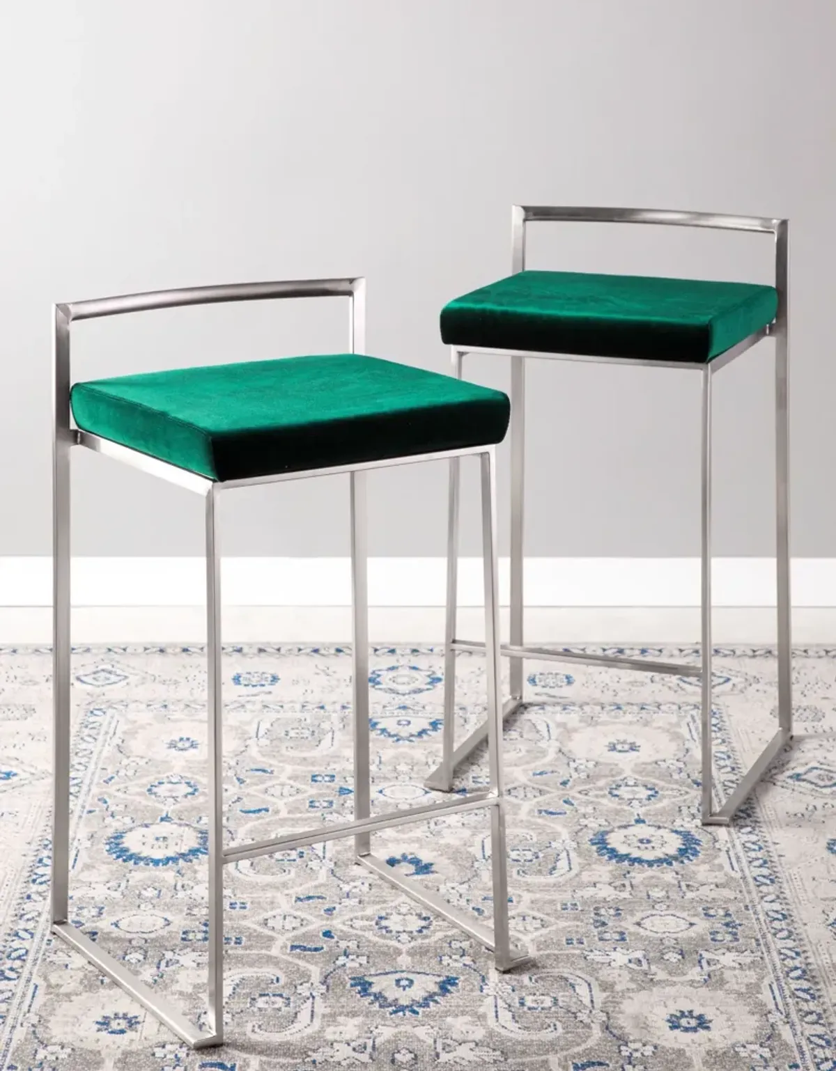 Reine Set of 2 Low Back Velvet Counter Stools - Steel/Green