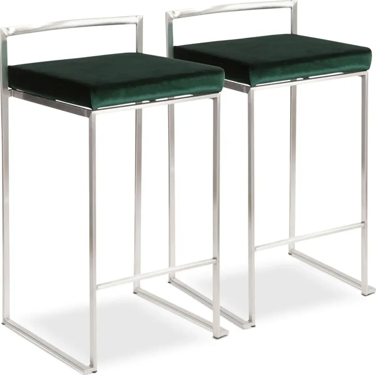 Reine Set of 2 Low Back Velvet Counter Stools - Steel/Green