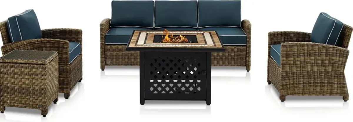 Destin Outdoor Sofa, 2 Chairs, End Table and Fire Table - Navy