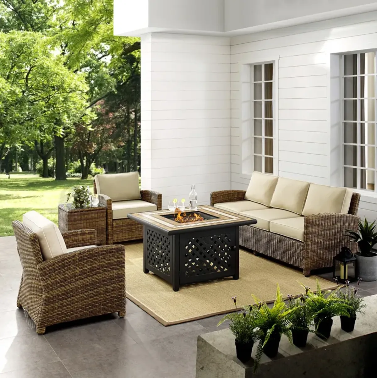 Destin Outdoor Sofa, 2 Chairs, End Table and Fire Table - Sand