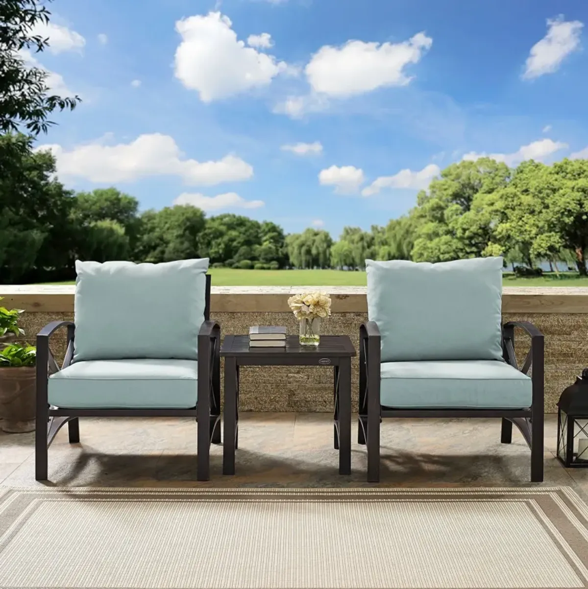 Clarion Set of 2 Outdoor Chairs and End Table - Mist/Bronze