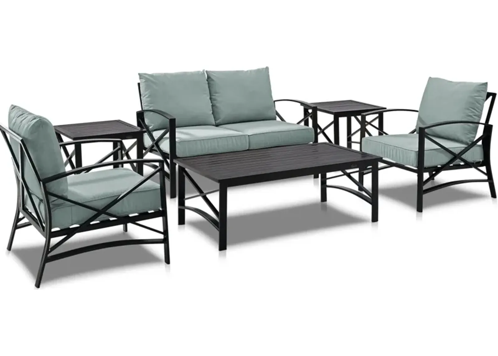 Clarion Outdoor Loveseat, 2 Chairs, Coffee Table and 2 End Tables Set - Mist/Bronze