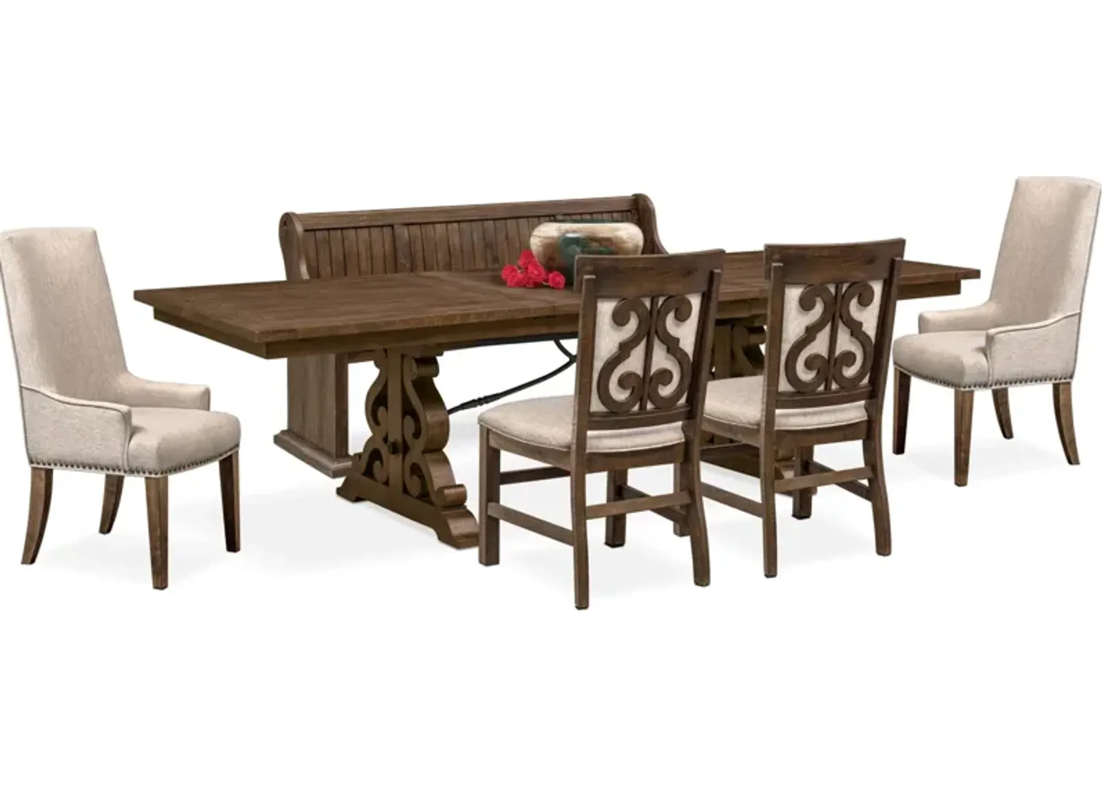 Charthouse Rectangular Extendable Dining Table, 2 Host Chairs, 2 Upholstered Dining Chairs and Bench