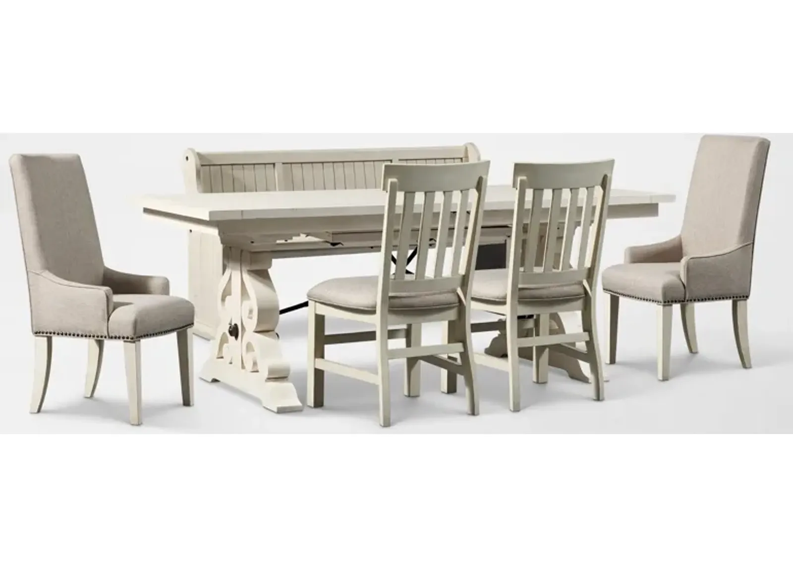 Charthouse Rectangular Extendable Dining Table, 2 Host Chairs, 2 Dining Chairs and Bench - Alabaster