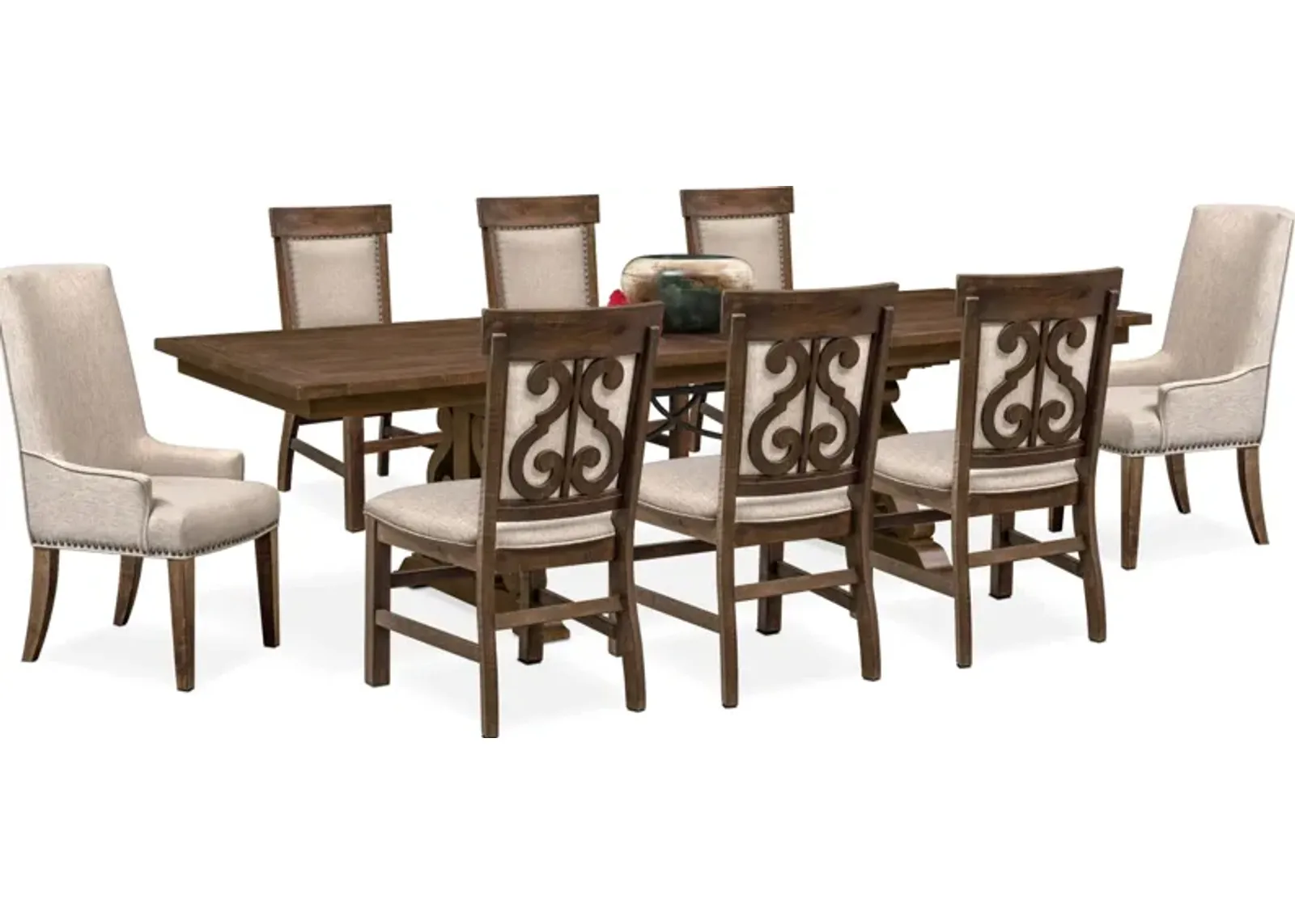 Charthouse Rectangular Extendable Dining Table, 2 Host Chairs and 6 Upholstered Dining Chairs - Nutm