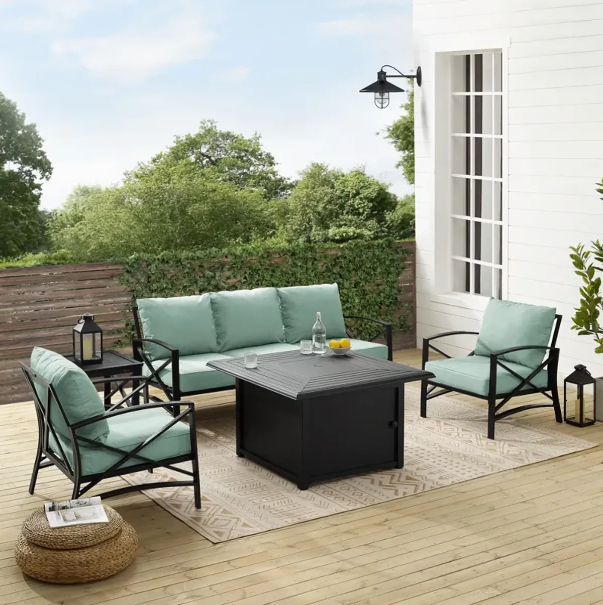 Clarion Outdoor Sofa, 2 Chairs and Fire Table Set - Mist