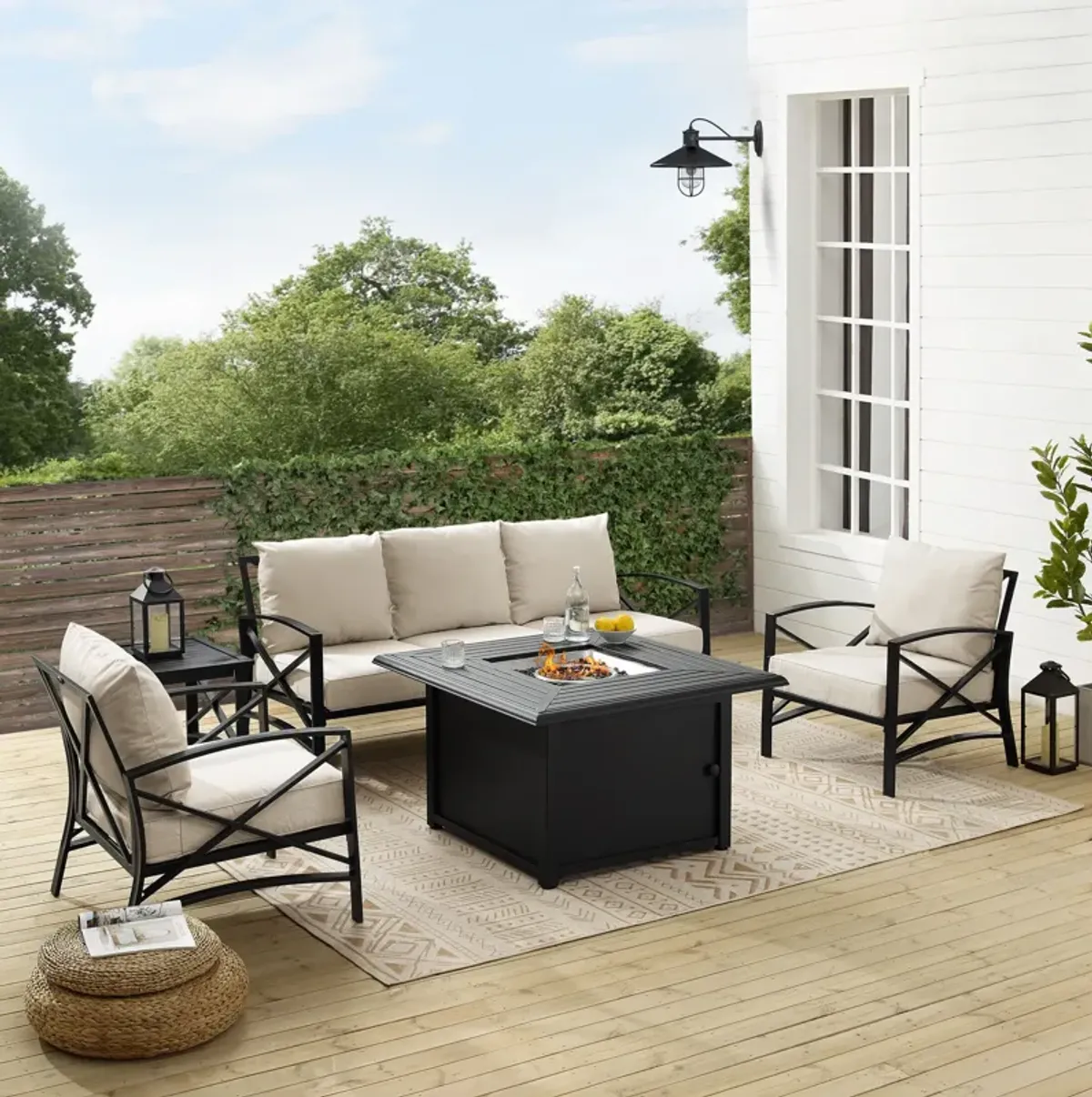 Clarion Outdoor Sofa, 2 Chairs and Fire Table Set - Oatmeal