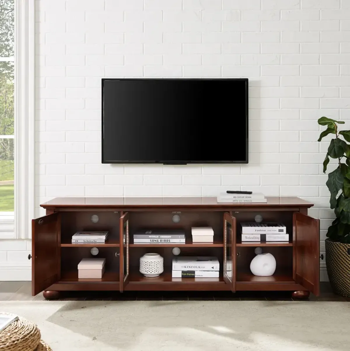 Alina 60” Glass Door TV Stand - Mahogany