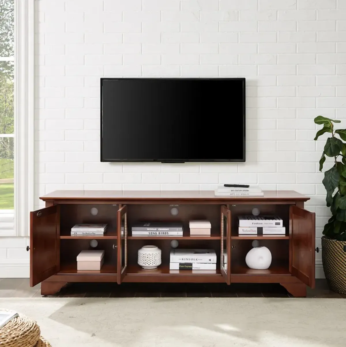 Nathaniel 60” Glass Door TV Stand - Mahogany