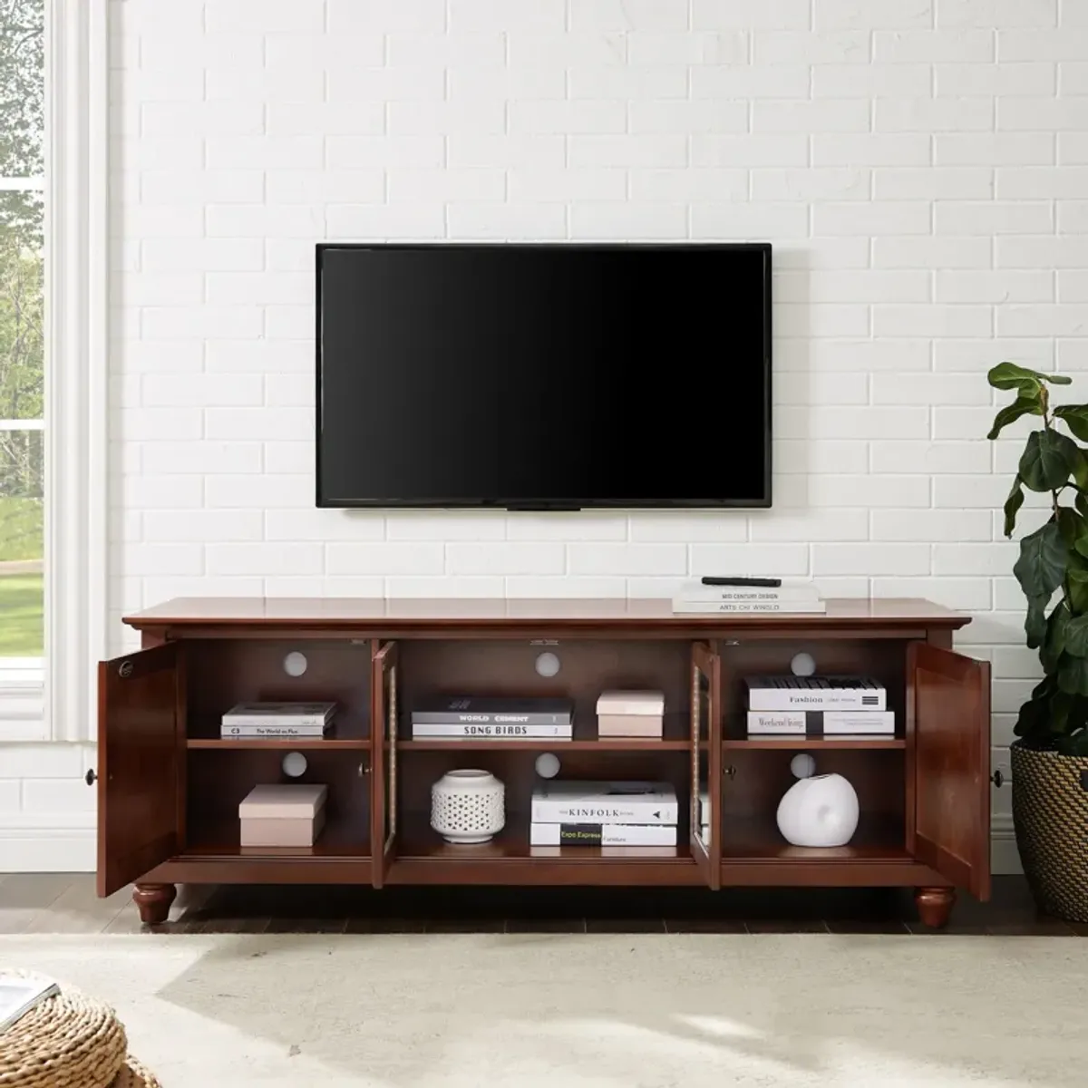 Ronald 60” Glass Door TV Stand - Mahogany