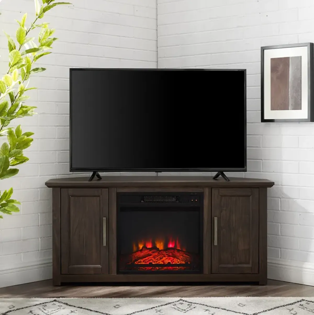 Lucas 48” Corner TV Stand with Fireplace - Dark Walnut