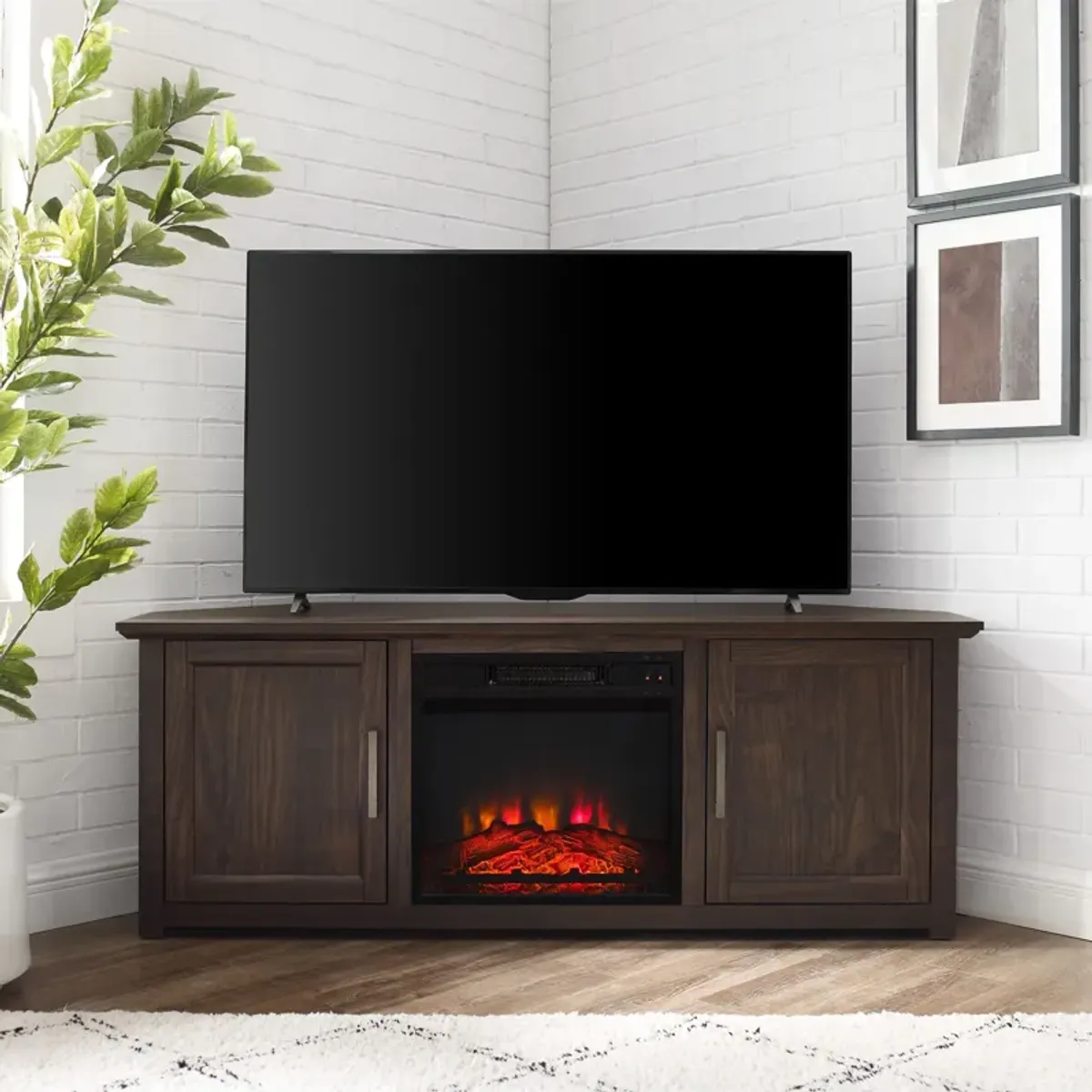 Lucas 58” Corner TV Stand with Fireplace - Dark Walnut