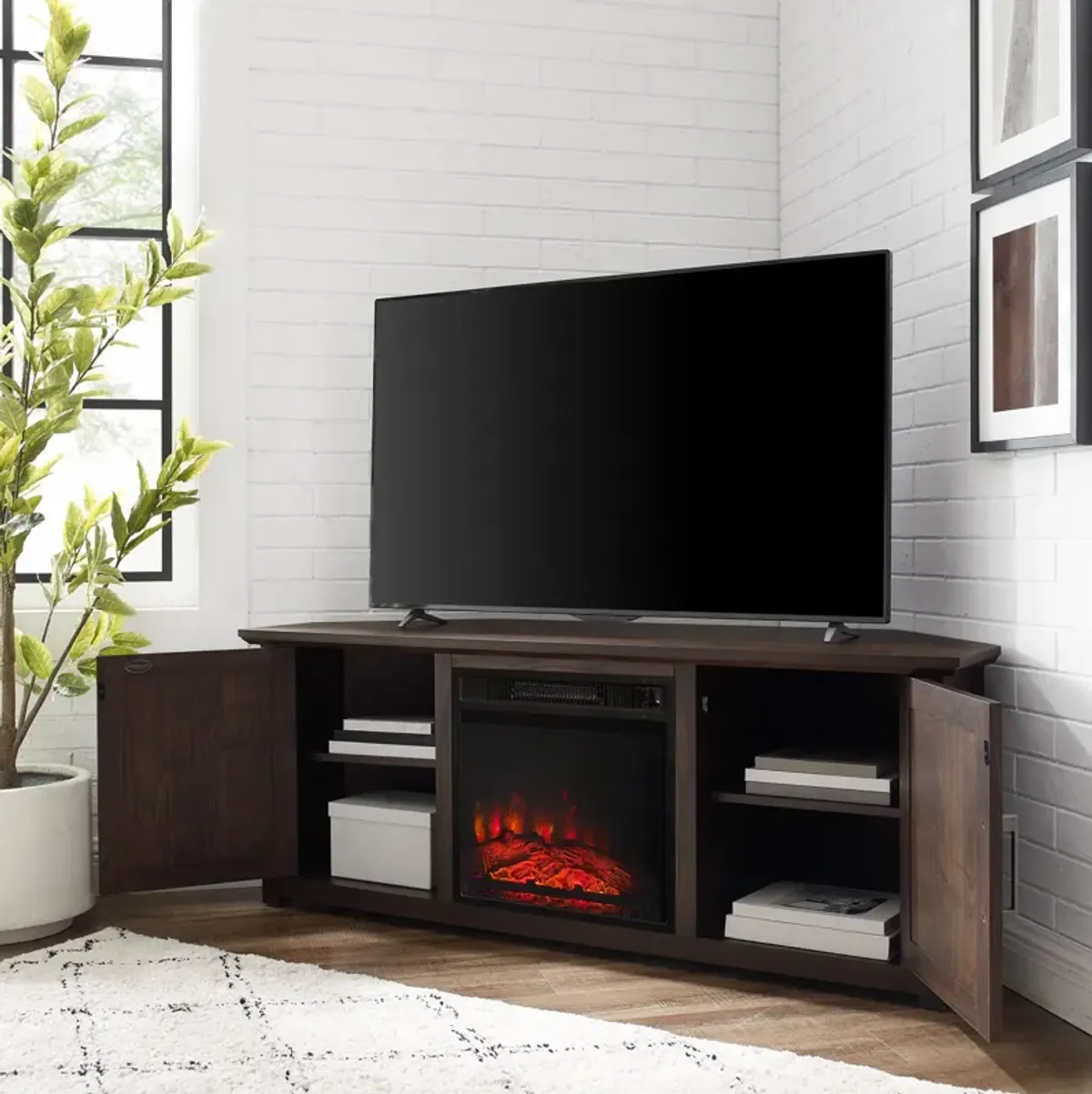 Lucas 58” Corner TV Stand with Fireplace - Dark Walnut