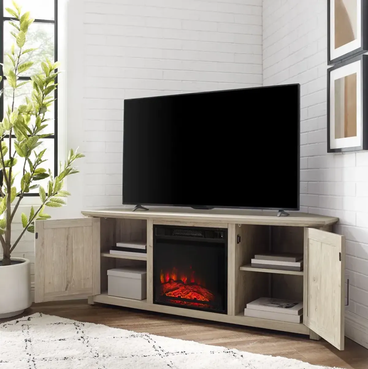 Lucas 58” Corner TV Stand with Fireplace - Frosted Oak