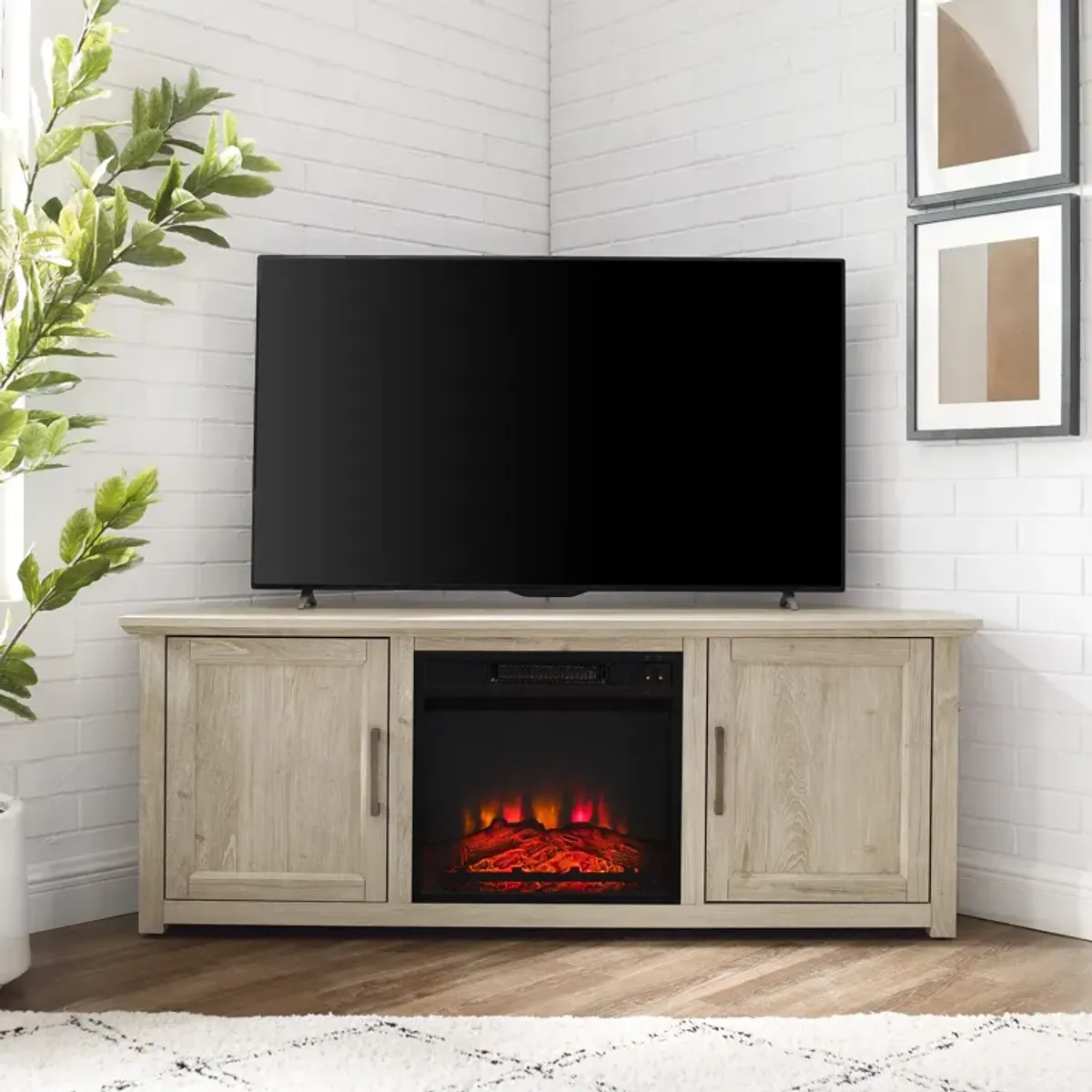 Lucas 58” Corner TV Stand with Fireplace - Frosted Oak