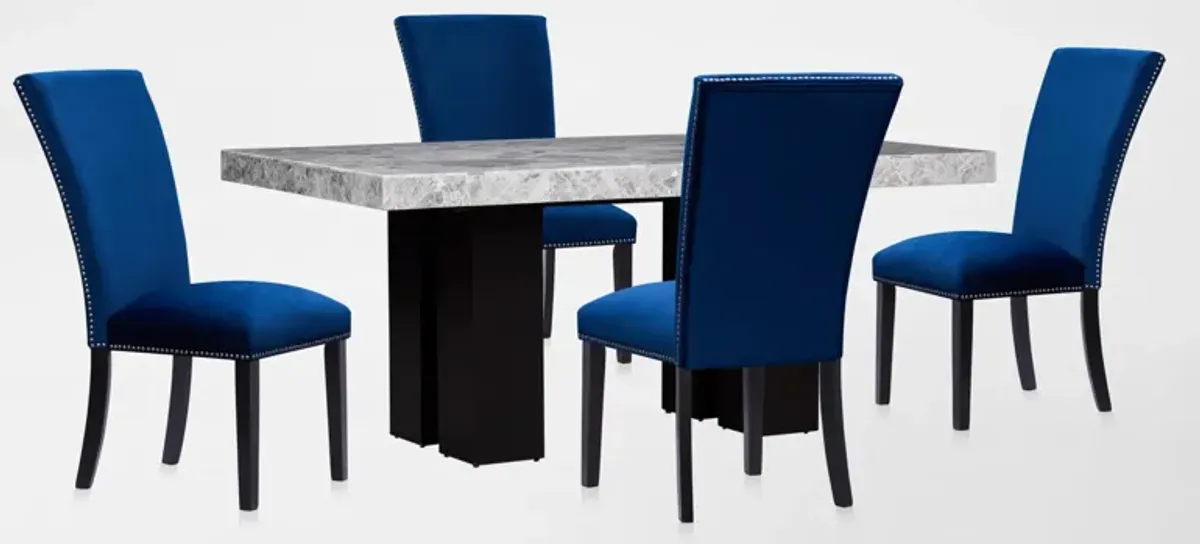 Artemis Marble Dining Table and 4 Upholstered Dining Chairs - Gray Marble/Blue