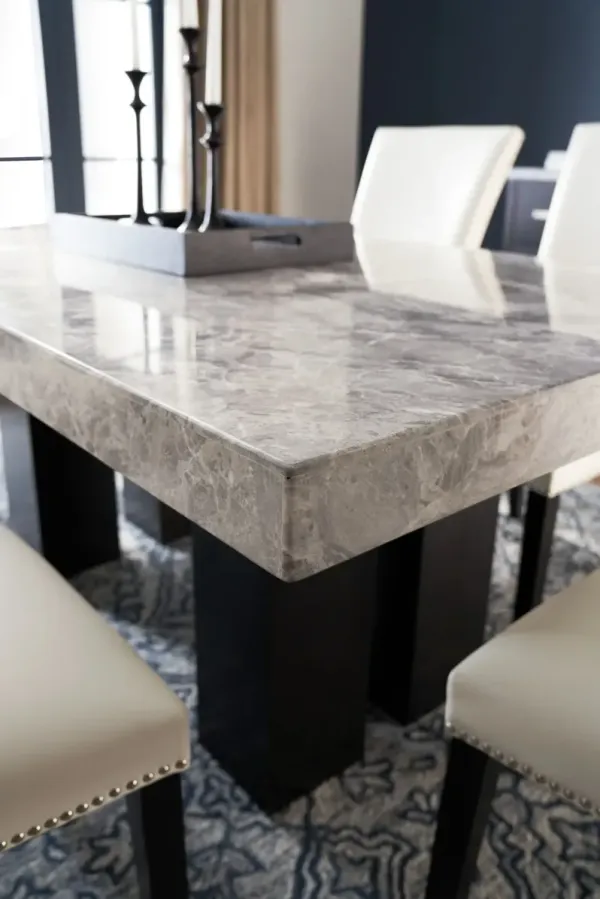 Artemis Marble Dining Table and 4 Upholstered Dining Chairs - Gray Marble/White