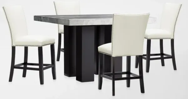 Artemis Marble Counter-Height Dining Table and 4 Upholstered Stools - Gray Marble/White