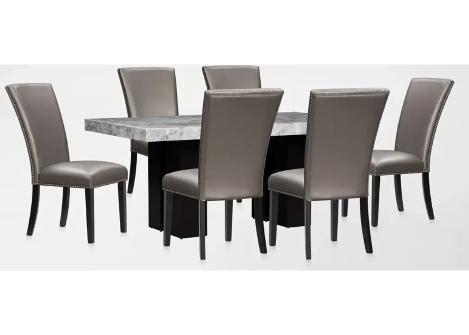 Artemis Marble Dining Table and 6 Upholstered Dining Chairs - Gray Marble/Gray