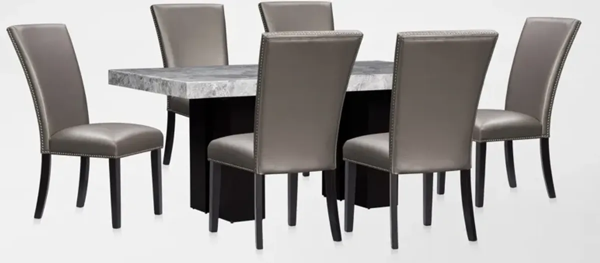 Artemis Marble Dining Table and 6 Upholstered Dining Chairs - Gray Marble/Gray