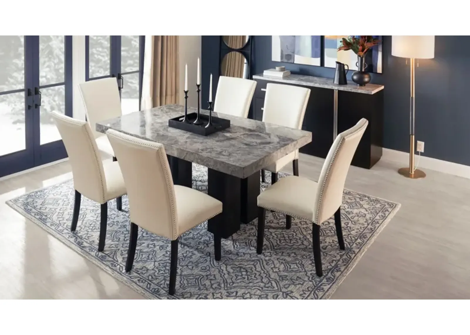 Artemis Marble Dining Table and 6 Upholstered Dining Chairs - Gray Marble/White