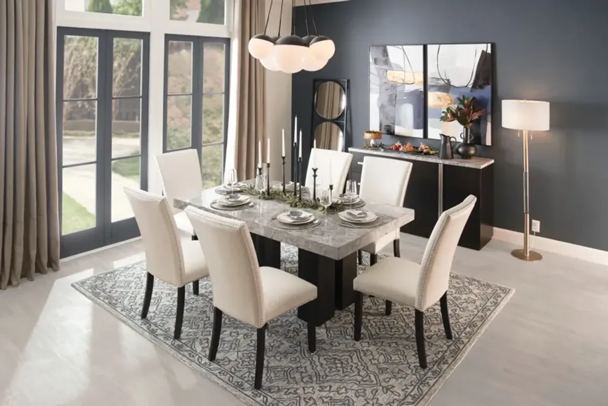 Artemis Marble Dining Table and 6 Upholstered Dining Chairs - Gray Marble/White