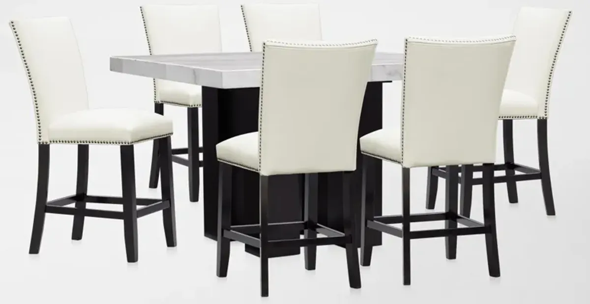 Artemis Marble Counter-Height Dining Table and 6 Upholstered Stools - White Marble/White