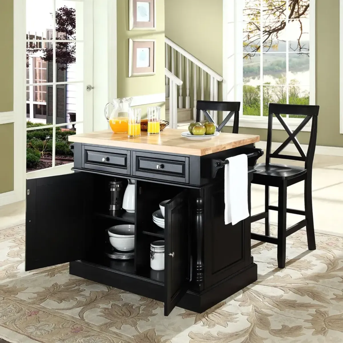 Warren Kitchen Island and Set of 2 X-Back Stools - Black/ Wood Top