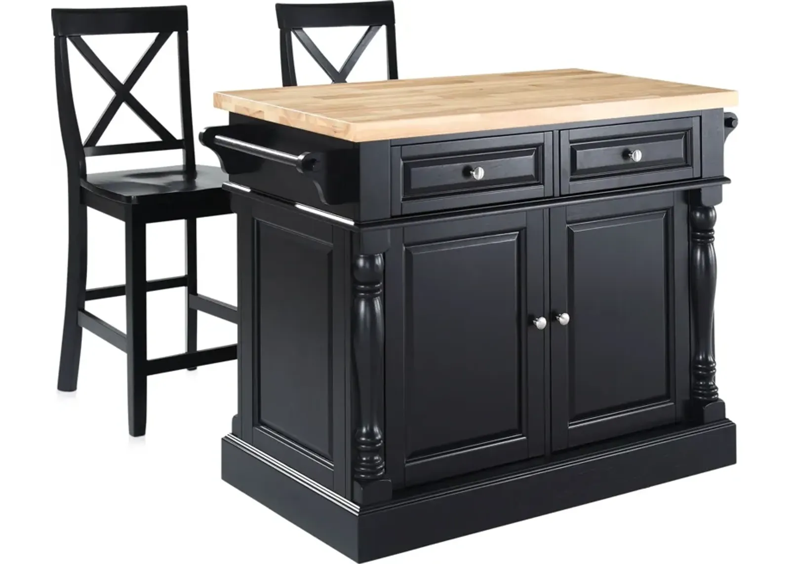 Warren Kitchen Island and Set of 2 X-Back Stools - Black/ Wood Top