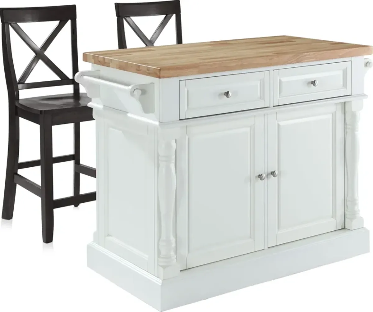 Warren Kitchen Island and Set of 2 X-Back Stools - White/ Wood Top