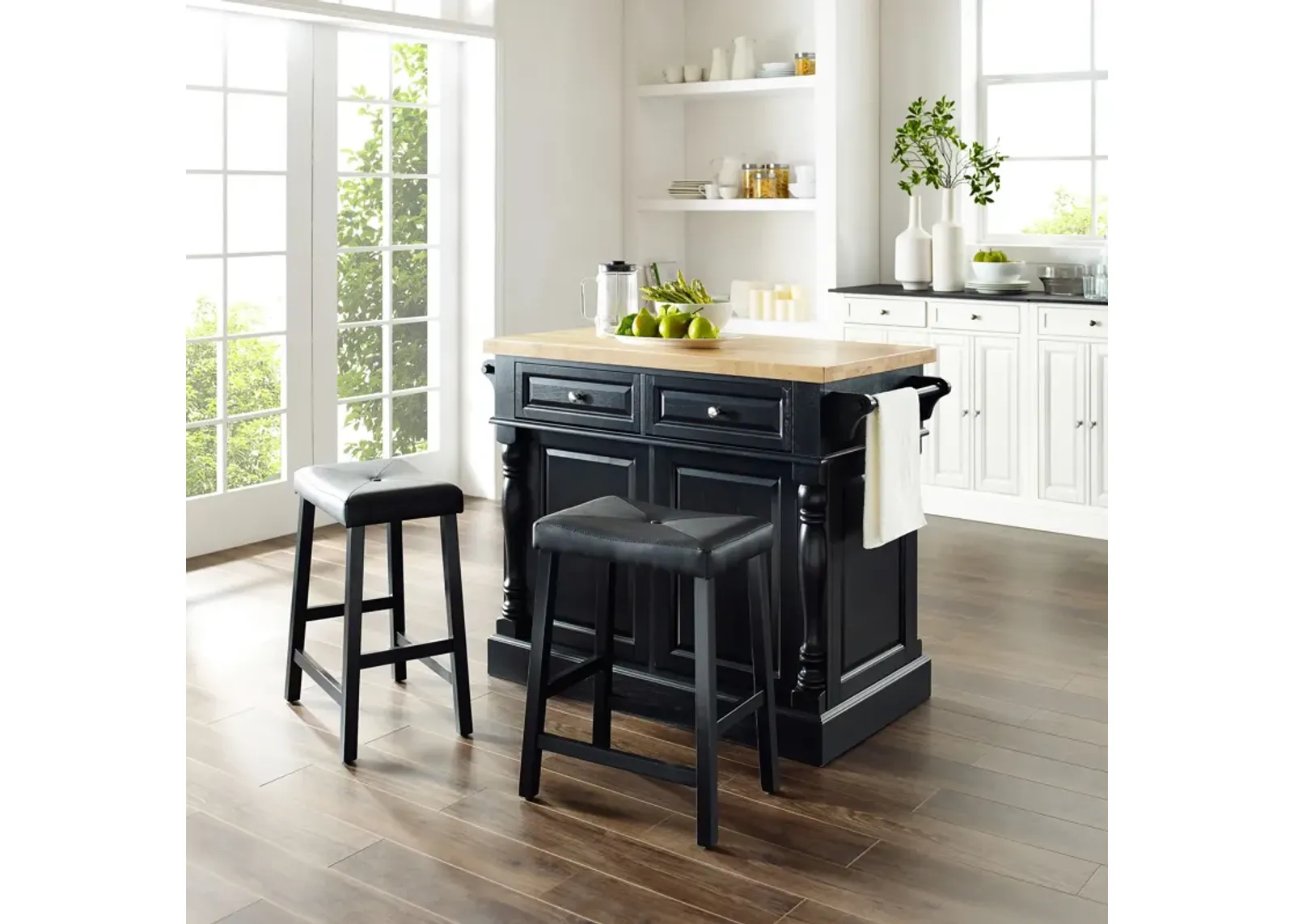 Warren Kitchen Island and Set of 2 Stools - Black/ Wood Top