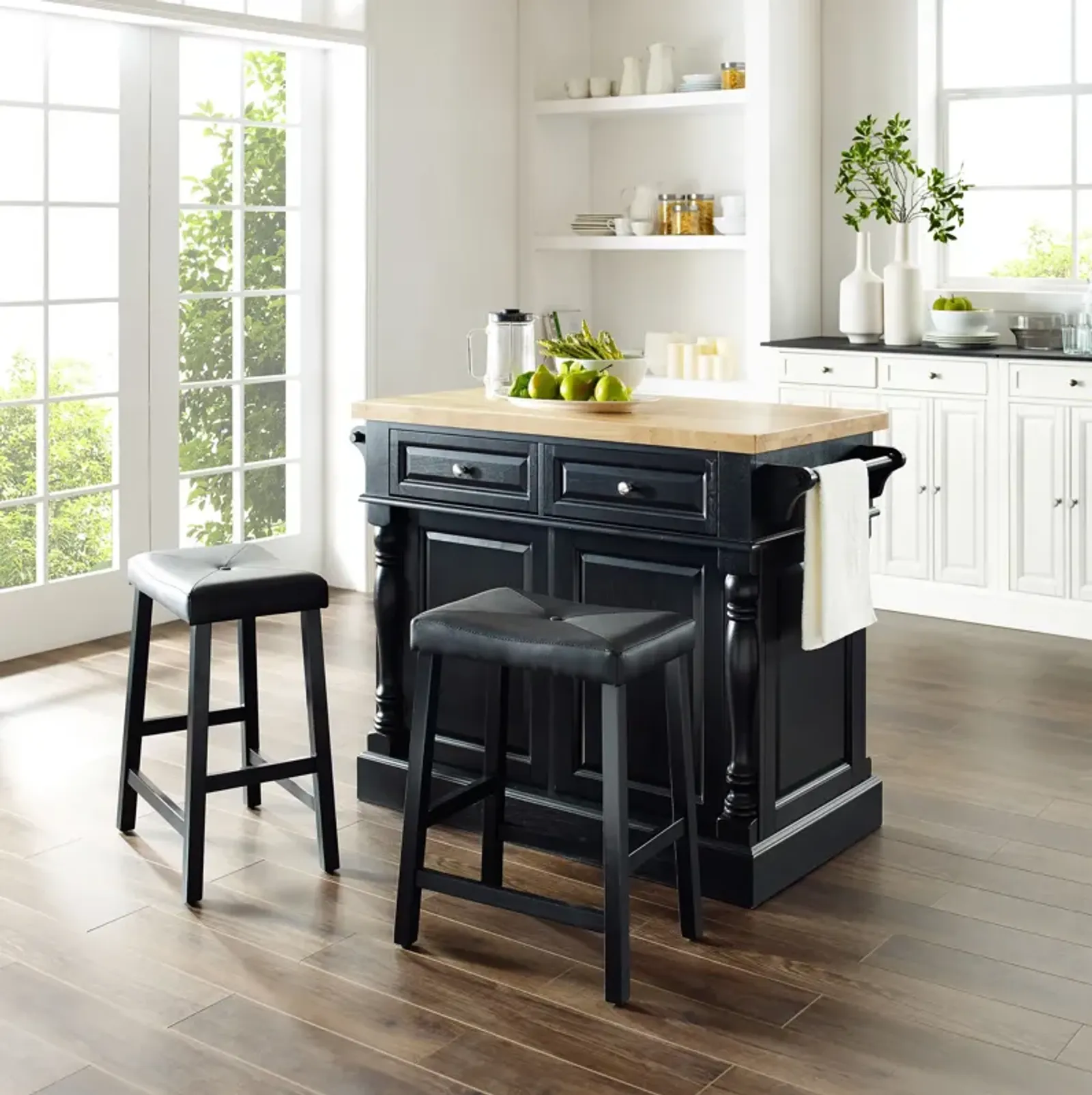 Warren Kitchen Island and Set of 2 Stools - Black/ Wood Top