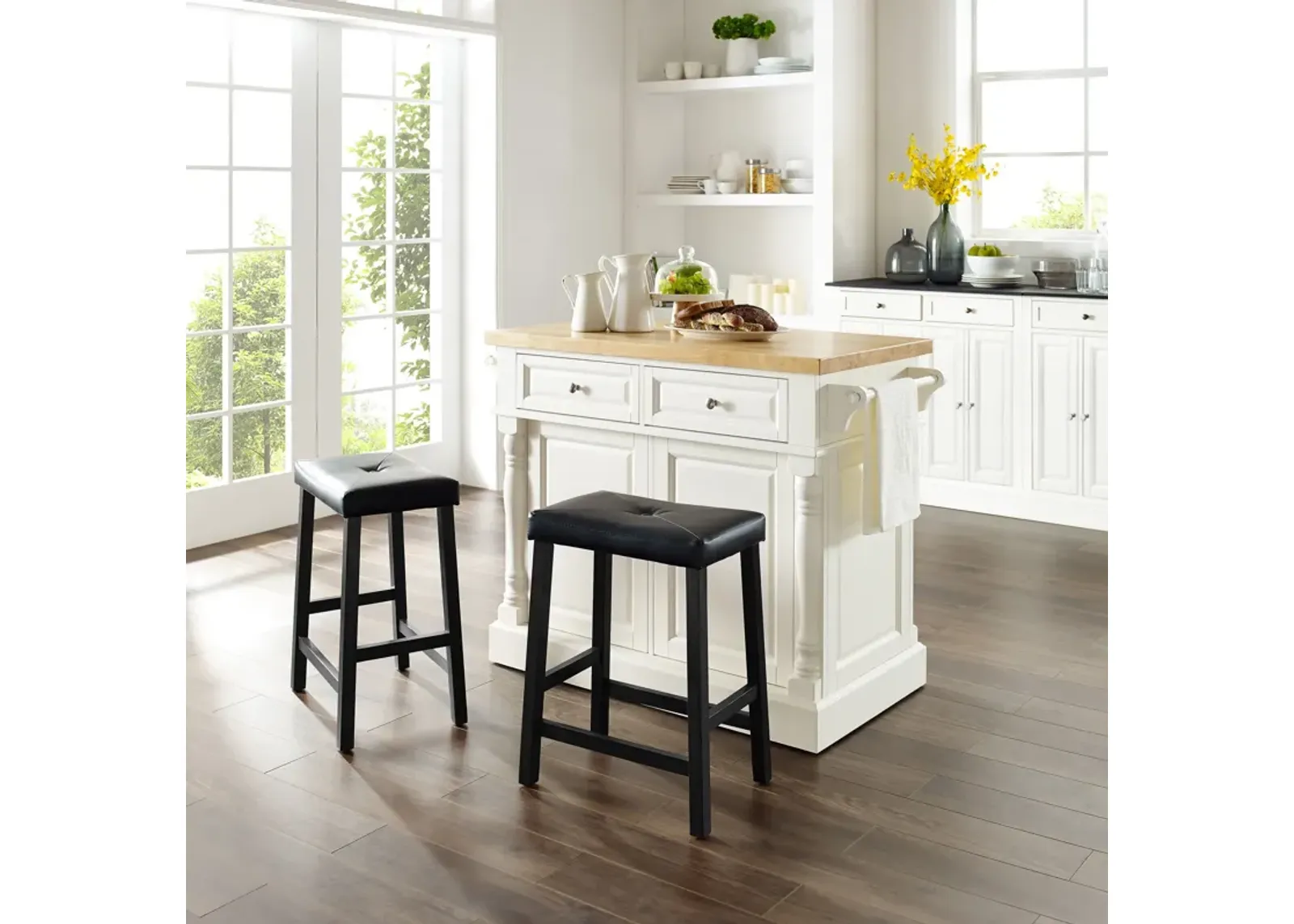 Warren Kitchen Island and Set of 2 Stools - White/ Wood Top